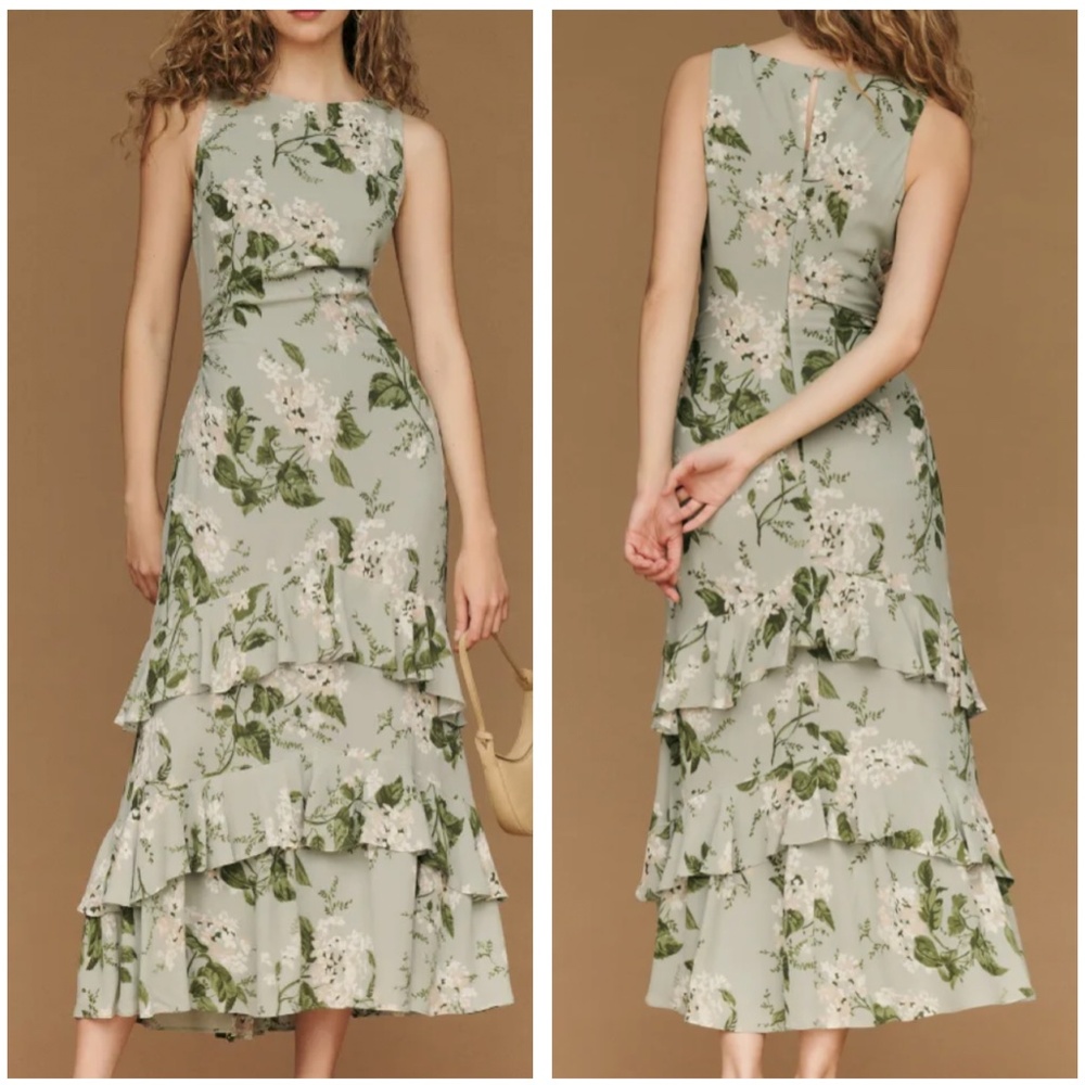 Reformation Green Floral Midi Dress